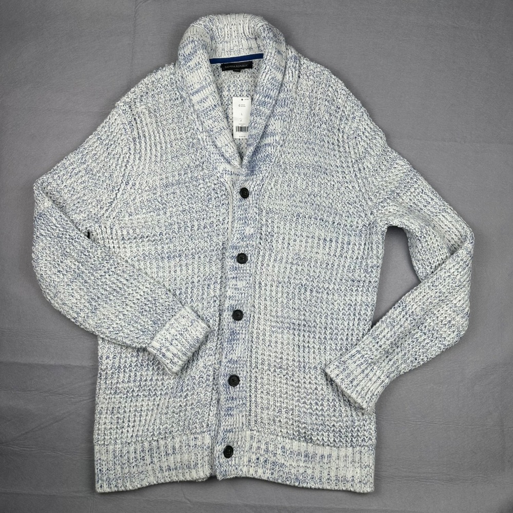 Banana Republic Mens Shawl Collar Cardigan Blue White Marled Knit Sweater L NEW